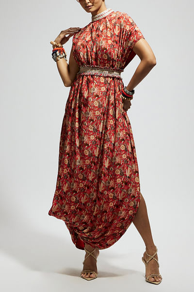 Orange jaal printed draped dress