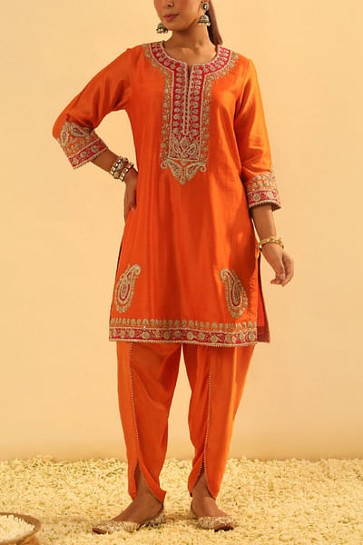 Orange kashmiri tilla embroidered kurta set