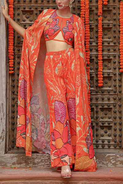 Orange leaf and floral printed cape set