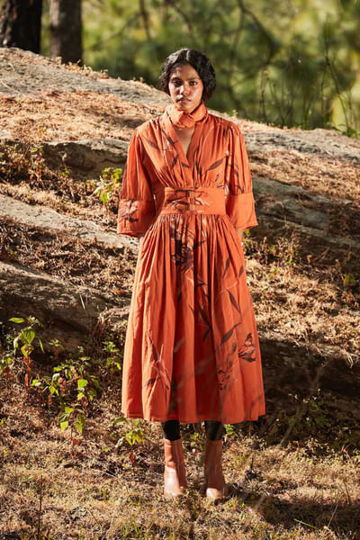 Orange leaf and floral printed dress