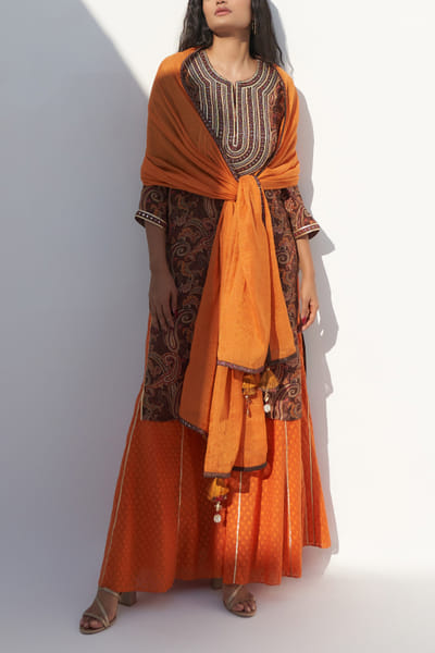 Orange mirror embroidered dupatta