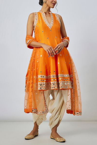 Orange mirror embroidered kurta set