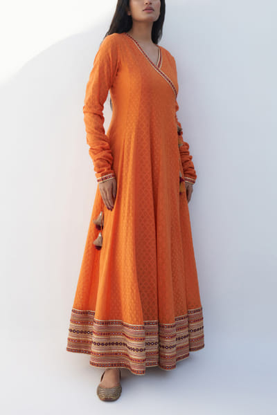 Orange mirror work jacquard angrakha