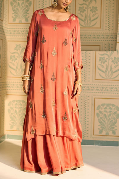 Orange motif hand embroidered kurta set