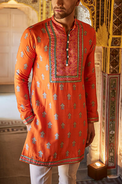 Orange motif printed kurta set