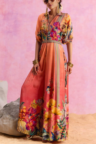Orange ombre floral printed jumpsuit