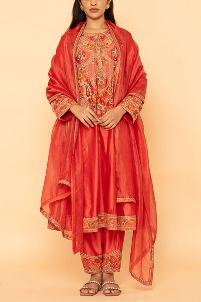 Orange paisley embroidered flared kurta set