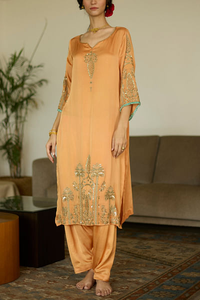 Orange palm tree embroidered kurta set