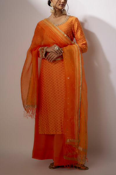 Orange pearl embroidery woven kurta set