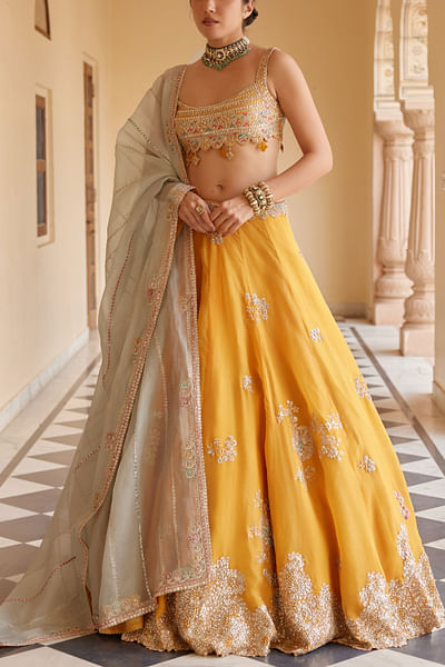 Orange peel dori embroidery lehenga set