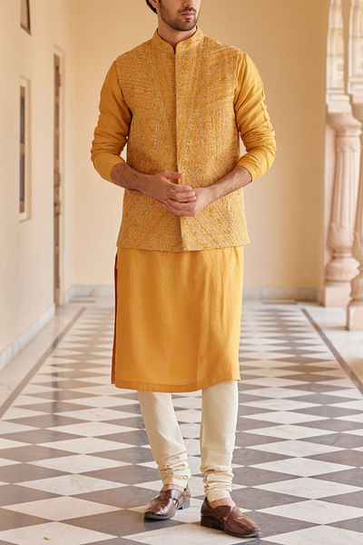 Orange peel embroidery Nehru jacket set