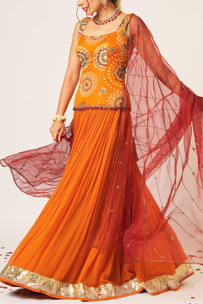Orange pleated lehenga set