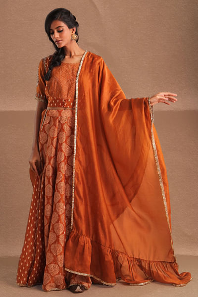 Orange printed godet lehenga set