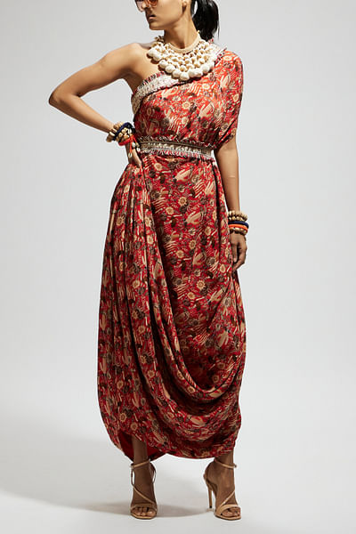 Orange printed one-shoulder dress