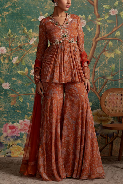 Orange printed sharara set