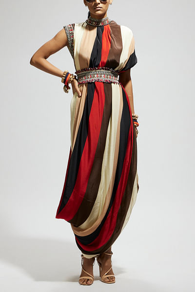 Orange stripe printed cowl dress