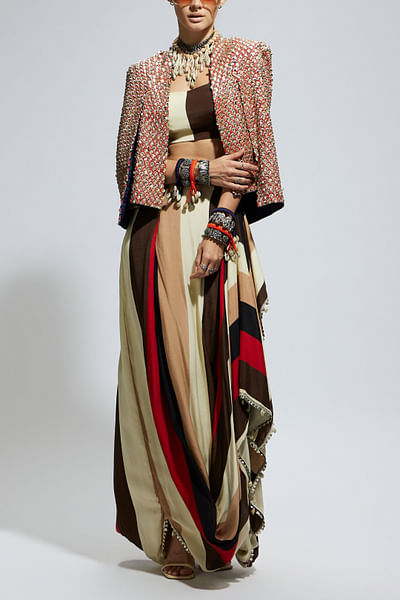 Orange stripe printed draped skirt set