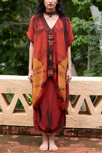 Orange tie-dye technique tunic set