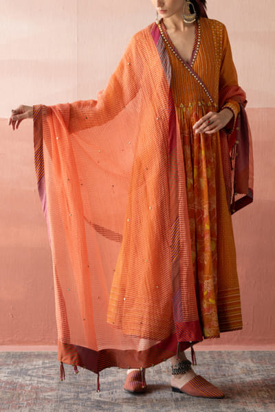 Orange woven striped dupatta