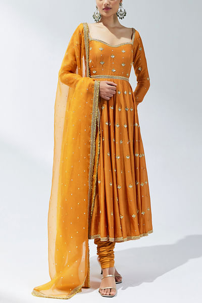 Orange zardozi embroidered anarkali set