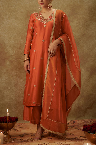 Orange zardozi embroidered kurta sets