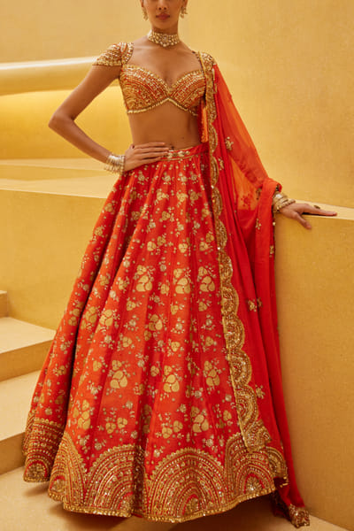 Orange zardozi embroidered lehenga set