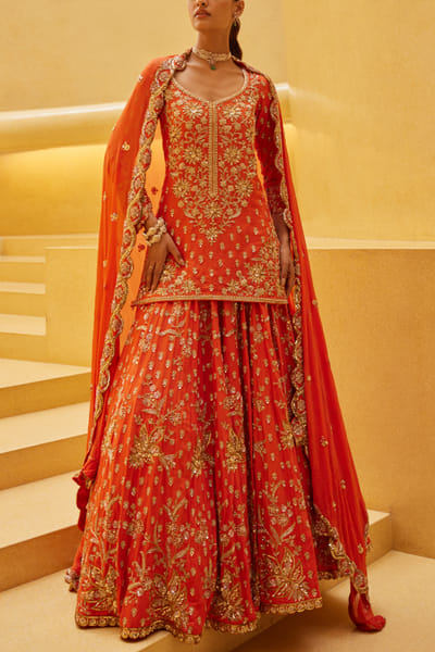 Orange zardozi embroidered lehenga set