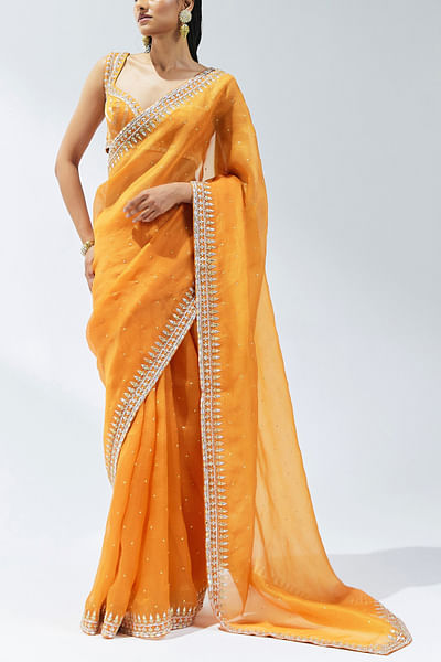 Orange zari embroidered sari set