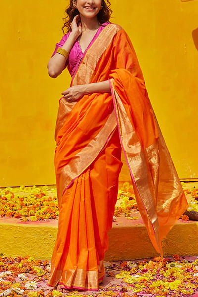 Orange zari handwoven sari
