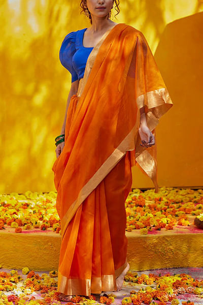 Orange zari woven sari