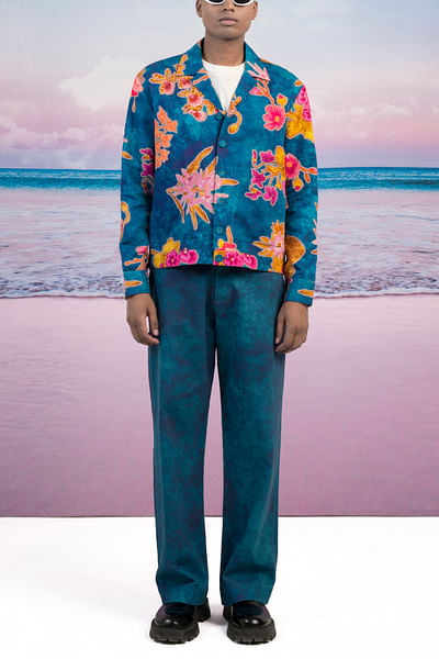 Oriental blue floral and texture printed jacket
