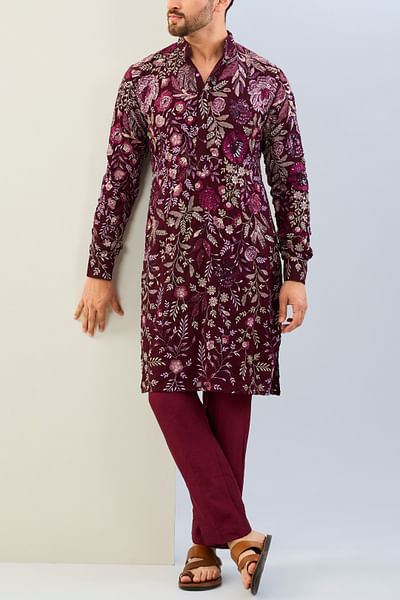 Ox blood floral embroidered kurta set