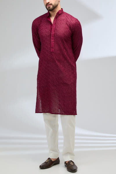 Ox blood thread embroidered kurta set