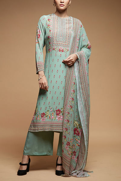 Pale aqua floral printed kurta set