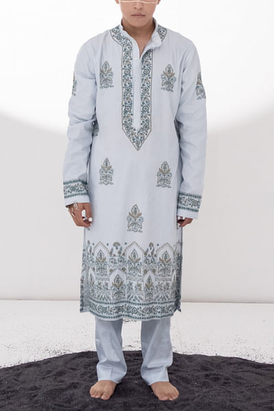 Pale blue floral embroidered kurta set