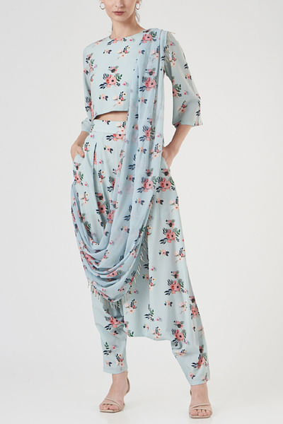Pale blue floral printed draped pant sari set