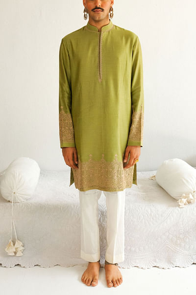 Pale green floral embroidered kurta set