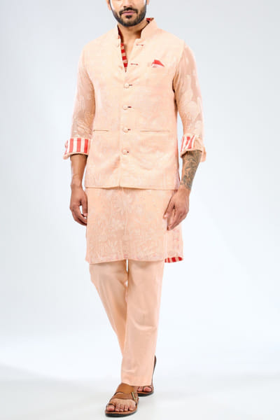 Pale peach floral embroidered bundi kurta set