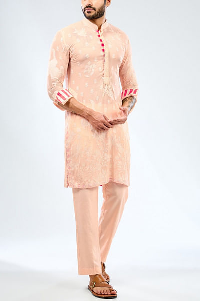 Pale peach floral embroidered kurta set