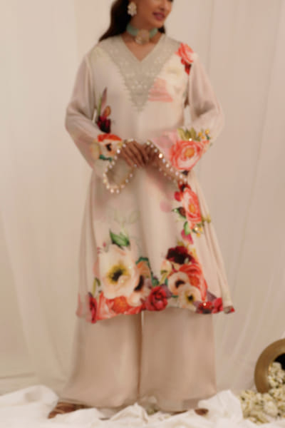 Pale peach floral printed A-line kurta set