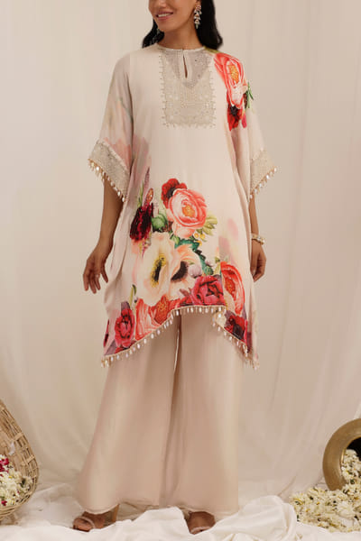 Pale peach floral printed kaftan set