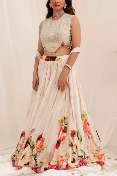 Pale peach floral printed lehenga set