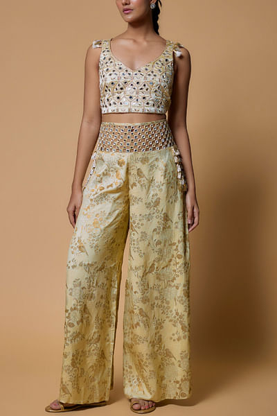 Pale yellow banarasi palazzo set