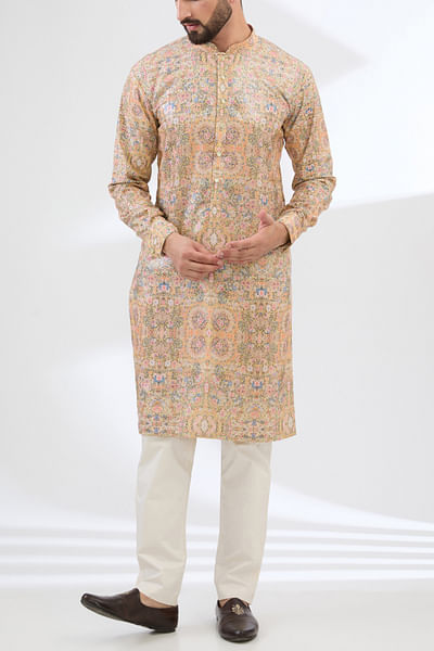 Pale yellow floral printed sequinned kurta set
