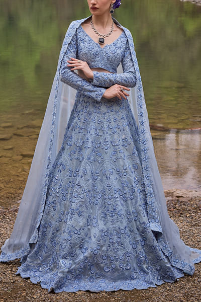 Pastel blue floral embroidered lehenga set