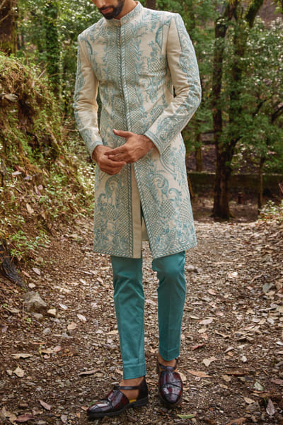 Pastel blue floral embroidered sherwani set