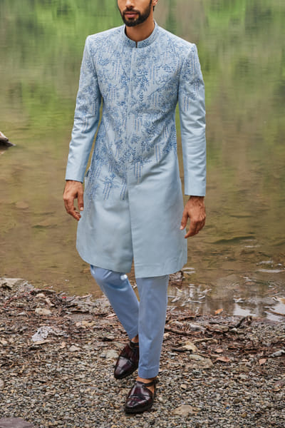 Pastel blue leaf embroidered sherwani set