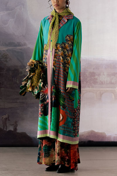 Pastel green abstract printed long jacket