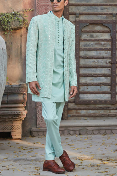 Bohame Pastel green chikankari embroidery jacket set BOHMAY2412