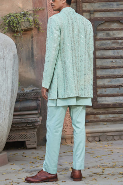 Bohame Pastel green chikankari embroidery jacket set BOHMAY2412